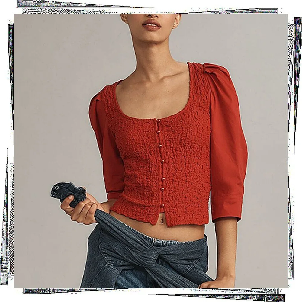 NWT: Red Lightweight Smocked Square Neck Button Front Cardigan (M)